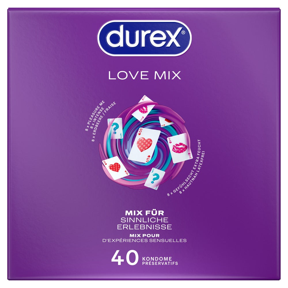 Durex LOVE MIX Kondome – 40 Stück | 5 Sorten im Vorratspack | Gerippt, aromatisiert, extra feucht & Gefühlsecht