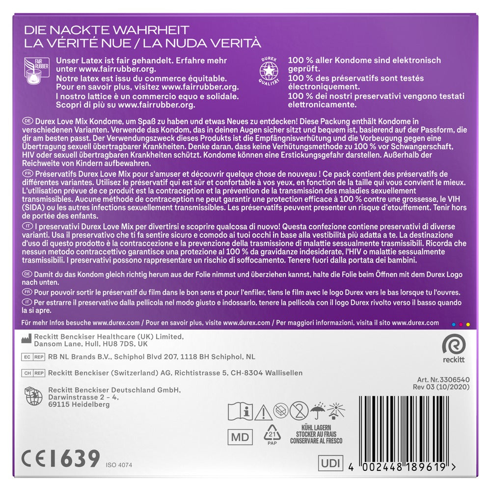 Durex LOVE MIX Kondome – 40 Stück | 5 Sorten im Vorratspack | Gerippt, aromatisiert, extra feucht & Gefühlsecht