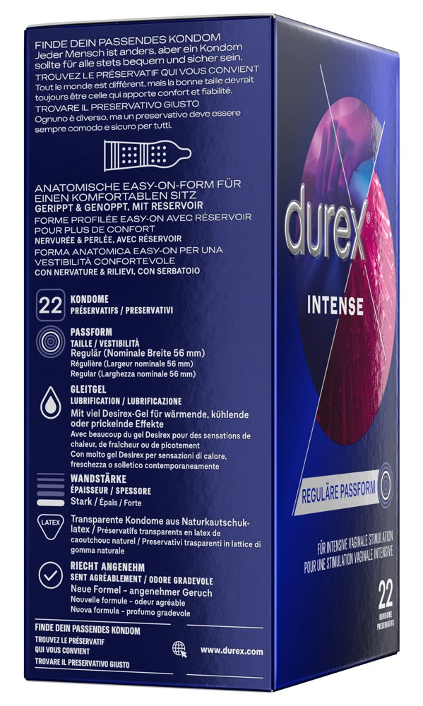 Durex Intense Orgasmic Kondome 22 St. – genoppt & gerippt, Desirex-Gel | Transparent & stimulierend