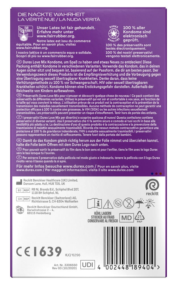 Durex LOVE MIX Kondome – 18 Stück | 5 Sorten im Vorratspack | Gerippt, aromatisiert, extra feucht & Gefühlsecht