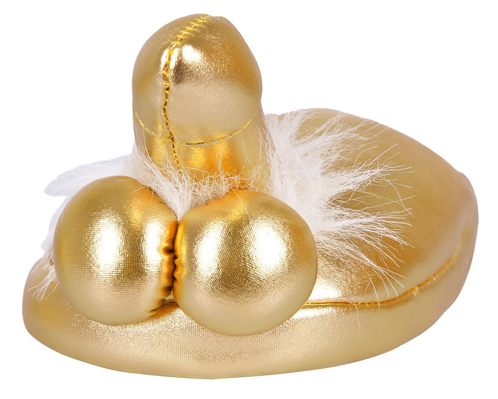 Goldfarbene Spaßhausschuhe mit frechem Penis-Motiv
