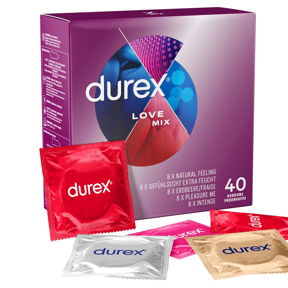 Kondome in 5 verschiedenen Sorten in einer 40-er Verpackung.
