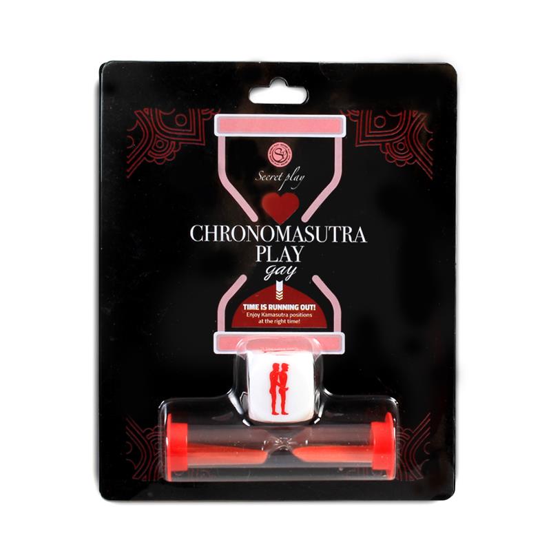 Chronomasutra Play Spiel mit roter Sanduhr und einem Würfel, der 6 verschiedene Stellungen zeigt.