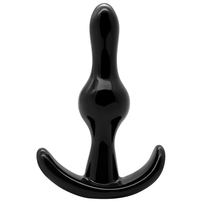 Ein Anal Plug ergonomischin Schwarz aus TPE, mit Rückholflügel