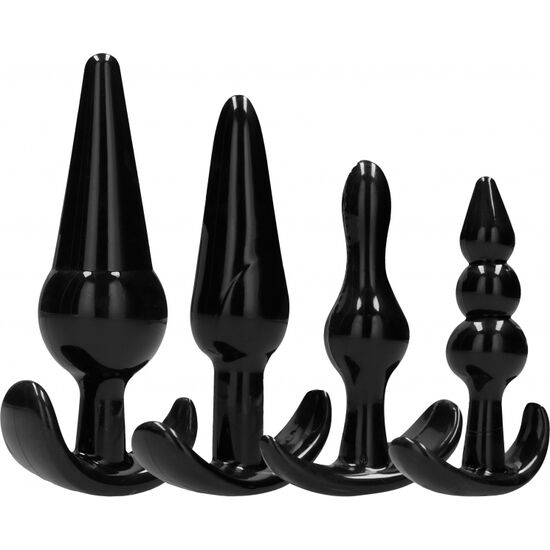 Vier Anal Plugs, ergonomisch, in verschiedenen VArianten in Schwarz aus TPE, mit Rückholflügel