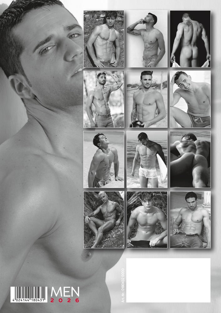 Pin-up Kalender Men 2026 Rückseite – Mann in Schwarzweiß