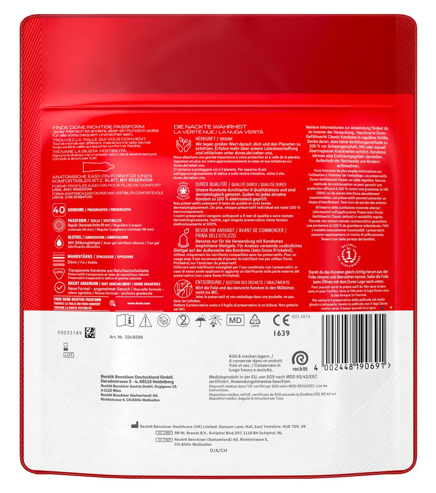 Durex Gefühlsecht Classic Kondome 40 St. – hauchzart & dünn | Transparent & komfortabel