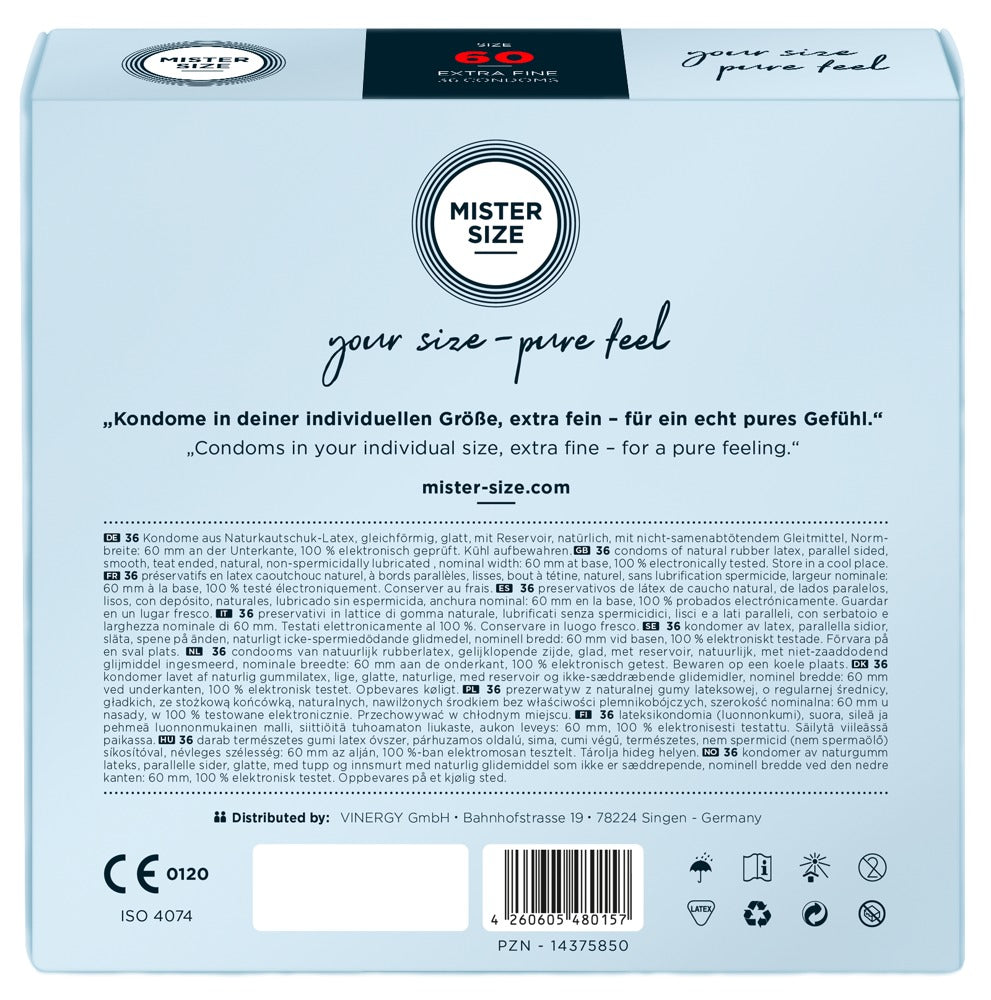 Mister Size Kondome 60 mm – 36 Stück | Transparent, hauchdünn, vegan