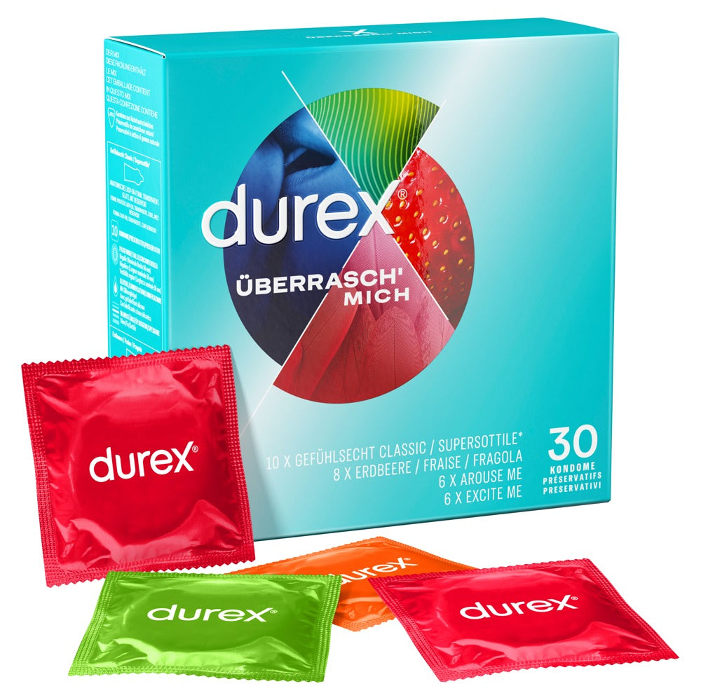 Durex Überrasch Mich Kondome in 4 verschiedenen Sorten.