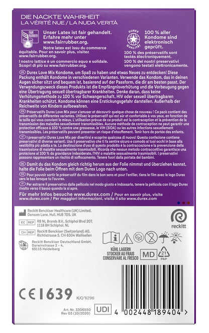Durex LOVE MIX Kondome – 18 Stück | 5 Sorten im Vorratspack | Gerippt, aromatisiert, extra feucht & Gefühlsecht