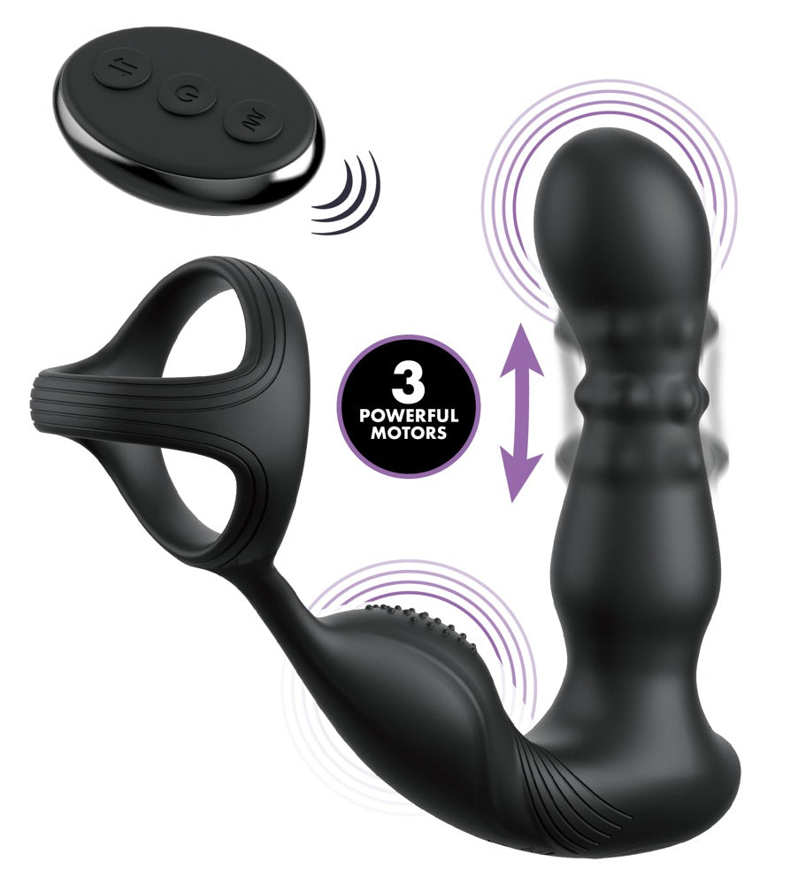 Ass-Gasm Slide&Glide Perlenmassage-Analvibrator mit einem Perineum-Noppenstimulator &Penis-/Hodenring.