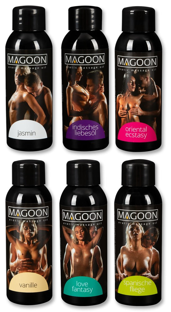 Magoon Massage-Öl 6er Set je 50 ml – 6 sinnliche Sorten im Sparpaket | pflegend, wasserlöslich