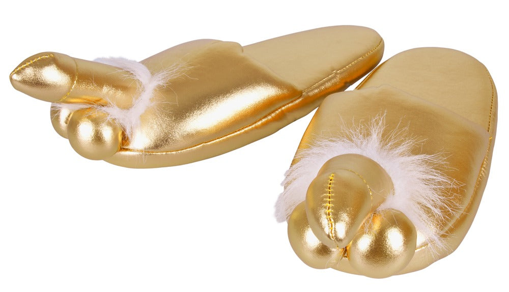 Penis-Hausschuhe in Gold mit Penis und Hoden auf der Spitze