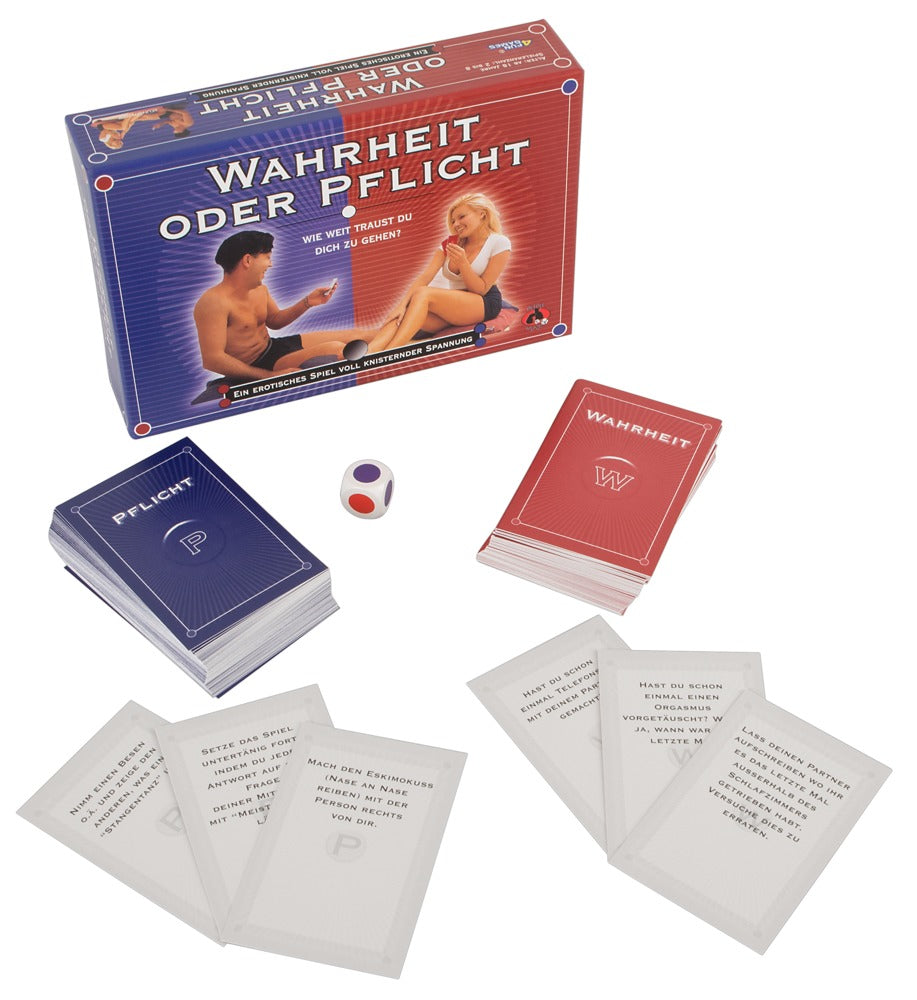 Erotisches Partyspiel für 2–8 Spieler mit Würfel und Kartenstapeln