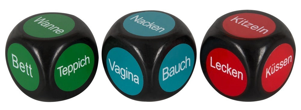 Erotisches Würfelspiel mit roten, blauen und grünen Würfeln
