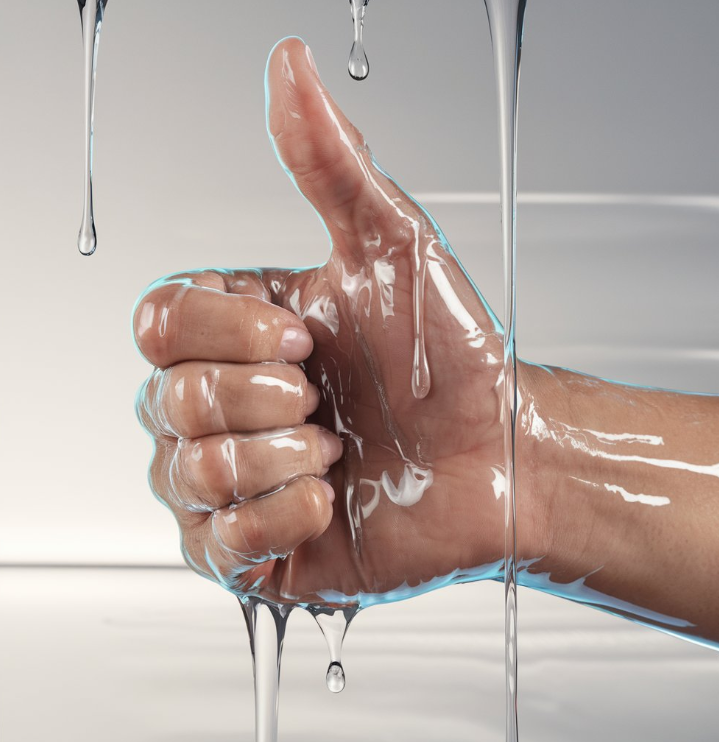 Eine Hand mit dem Daumen nach oben zeigend. Die Hand ist voll mit Gleitmittel beschmiert,sodass dieser nach unten tropft.