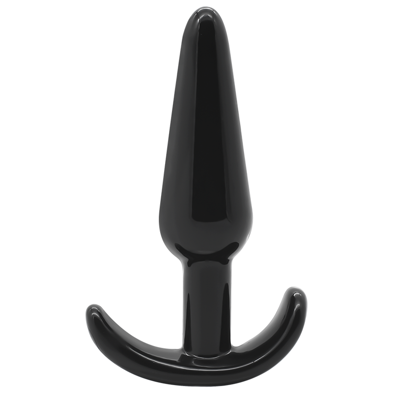 Ein Anal Plug ergonomischin Schwarz aus TPE, mit Rückholflügel