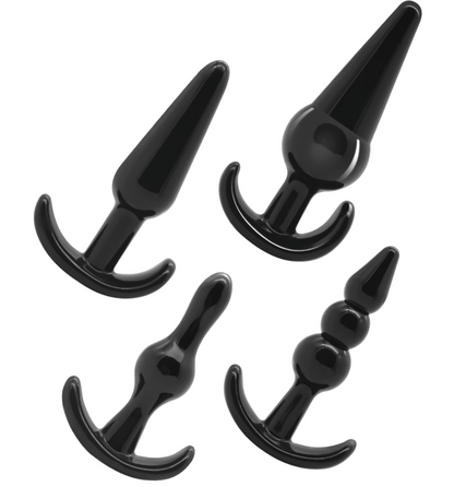 Vier Anal Plugs, ergonomisch, in verschiedenen VArianten in Schwarz aus TPE, mit Rückholflügel