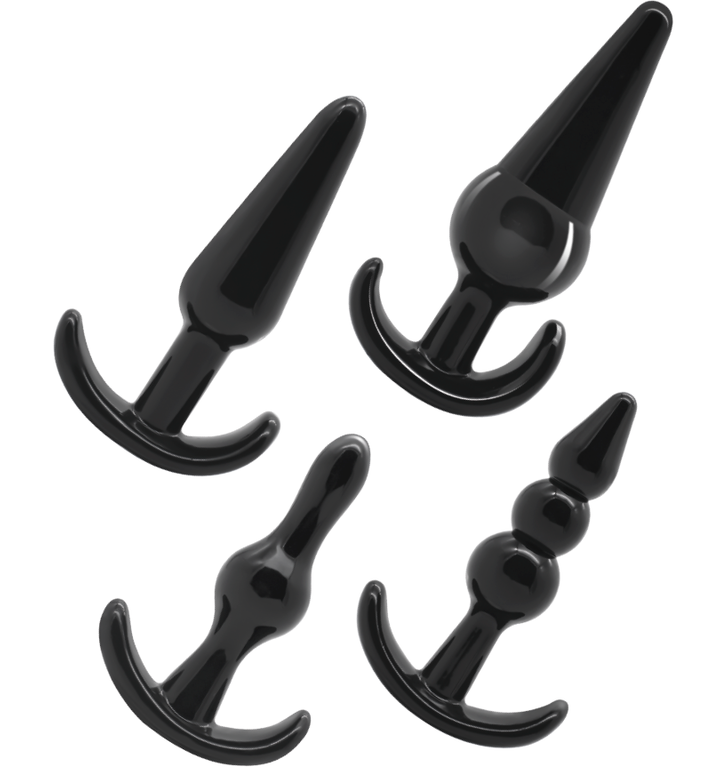 Vier Anal Plugs, ergonomisch, in verschiedenen VArianten in Schwarz aus TPE, mit Rückholflügel