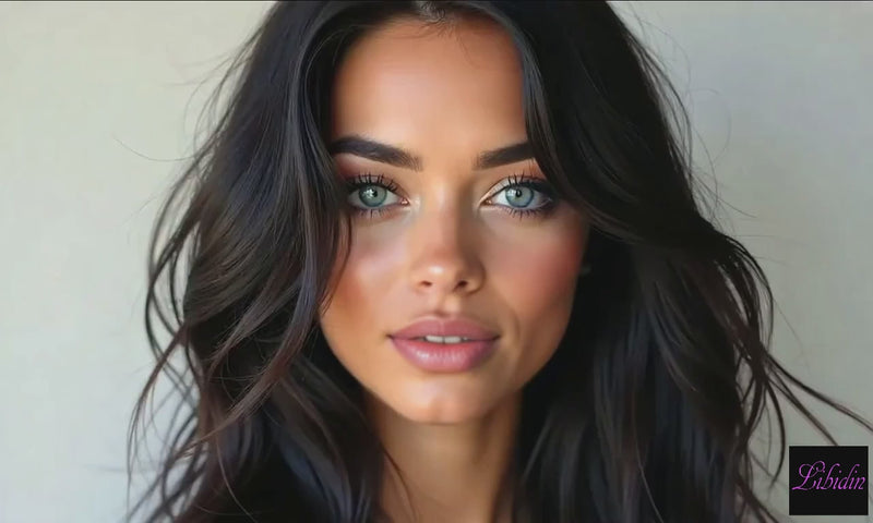 Begrüßungsvideo zum Web-Shop Libidin, vorgetragen von einer dunkelhaarigen Frau mit hell blauen Augen.