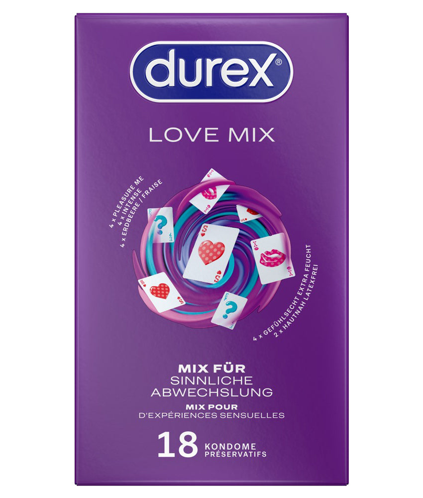 Durex LOVE MIX Kondome – 18 Stück | 5 Sorten im Vorratspack | Gerippt, aromatisiert, extra feucht & Gefühlsecht