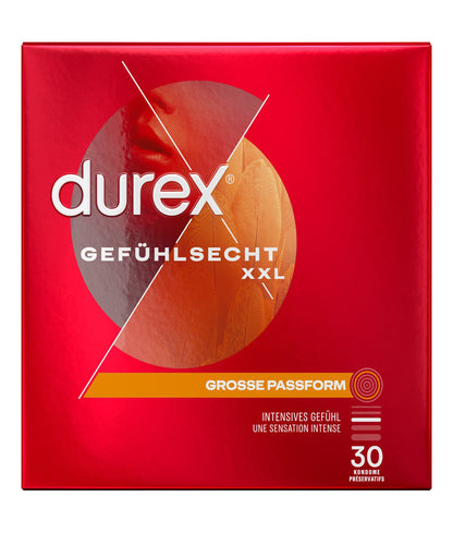 Durex Gefühlsecht XXL Kondome 30 St. – extra groß, dünn & komfortabel | Transparent & gefühlsecht
