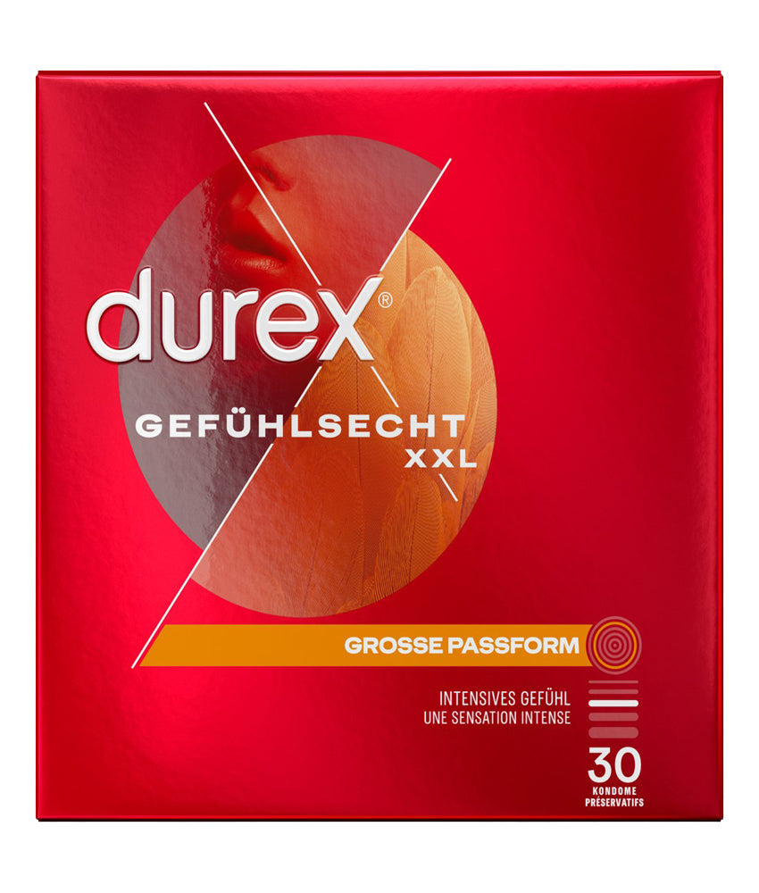 Durex Gefühlsecht XXL Kondome 30 St. – extra groß, dünn & komfortabel | Transparent & gefühlsecht